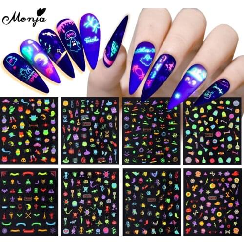 Monja 12 Styles Halloween Self-adhesive Nail Sticker Fluorescent Skull Bat Pumpkin Mix Pattern Nail Decal Manicure Decoration