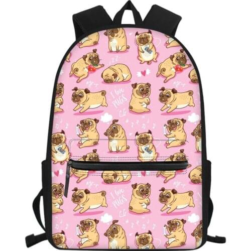 Pink Puppy Pug Dog Print Girls School Bags Cute Primary Elementary Children Bookbag Middle School Student Kids Bags