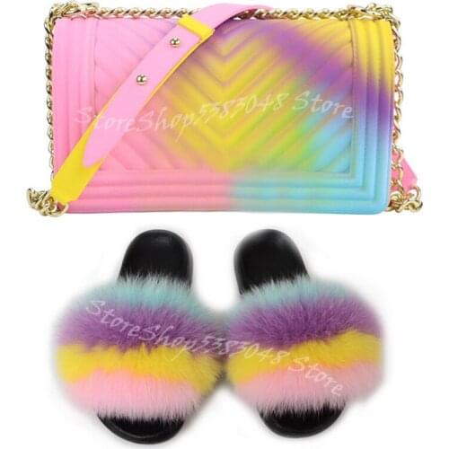 Women Real Fox Fur Slides Candy Color Jelly Bag Cute Fluffy Luxury Raccoon Fur Slippers Outdoor Party Handbags Wholesale Purse