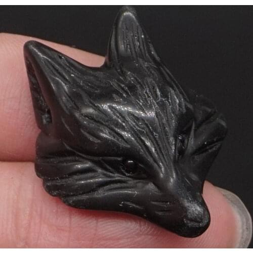 1.3" Fox Head Pendant Figurine Black Obsidian Animal Statue Carved Stone Carving Crystal Healing Necklace Jewelry Man Fashion