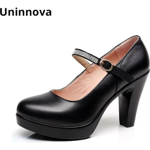 Genuine Leather Business Pumps Crystal Shoes For Women Round Toe Mary Jane Elegant Comfortable Black Shoes Uninnova WP153
