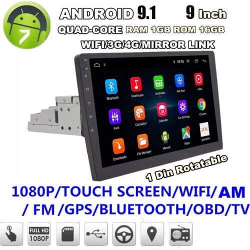 Universal 1DIN Rotatable 9" Touch Screen Android 9.1 4G Full Netcom 1080P Quad-core RAM 1GB ROM+16GB Car Stereo Radio GPS Wifi