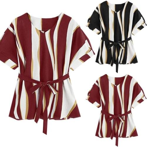 S-XXL office lady Womens V Neckline Printed Work Self Tie Short Sleeve Blouse Tops T-Shirt oberteile damen Irregular stripes F4