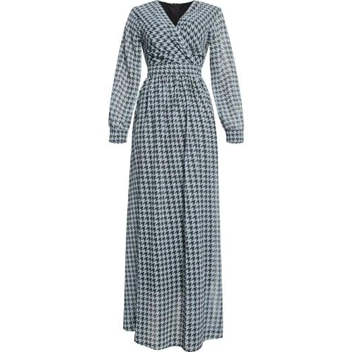 Women Elegant Office Maxi Dresses Ladies Bodycon Print Long Sleeve V-neck Female Fashion Sexy Work Summer Autumn Long Dress