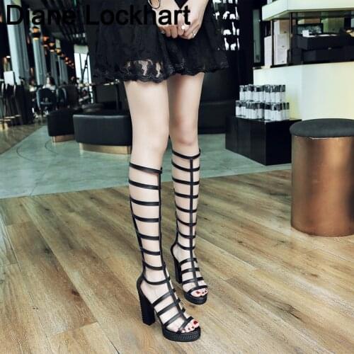 2019 Roman Gladiator Bandage Sandals Knee boots Women High heel Shoes femininas sandalias Brand Woman Summer hollow Botas 42 43