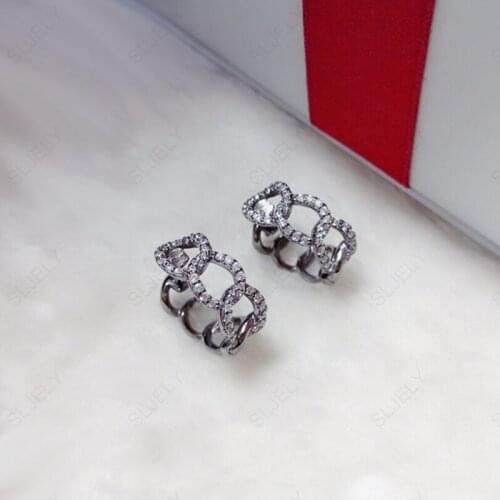 SLJELY High Quality 925 Sterling Silver Black Grey Small Chains Link Hoop Earrings Cubic Zirconia Women Fashion Party Jewelry