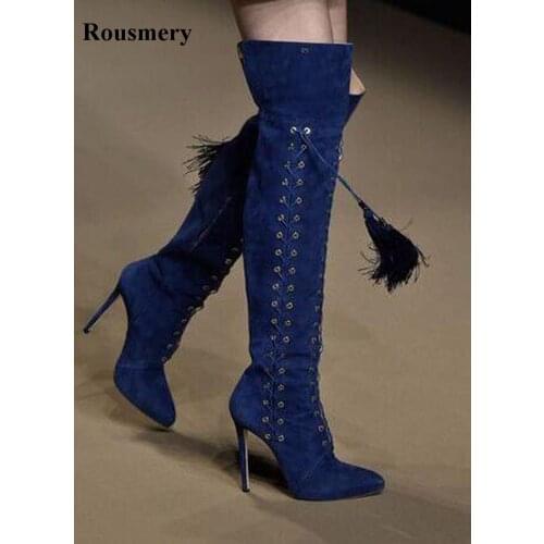 New Arrival Women Fashion Pointed Toe Lace-up Suede Leather Tassels High Heel Boots Sexy Over Knee Gladiator Boots Free Shipping