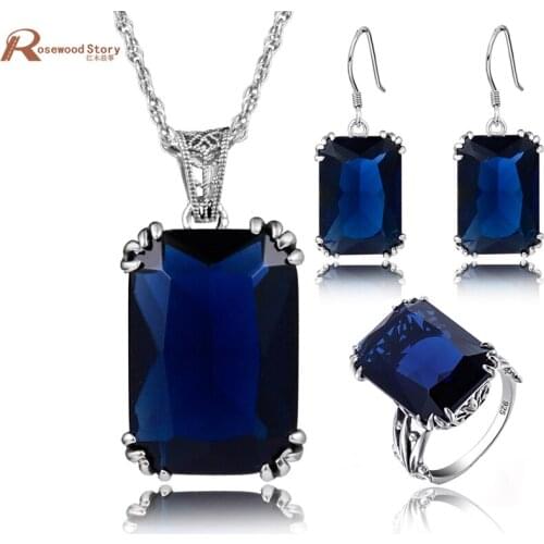925 Sterling Silver Jewelry Blue Stone Crystal Engagement Wedding For Women Retro Crown Ring Pendant Earring African Jewelry Set