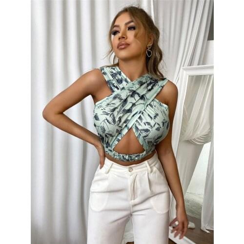 2021 Spring New Printed Cross-Hollow Halter Neck Vest Fashion Sexy Open Back Sling Hollow Exposed Navel Slim Fit Camisole