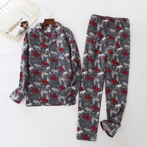 Winter Leisurely Man Cartoon Cotton Brushed Fabric Pajamas Long Sleeve Trousers Mansleepwear Elk Sleepwear Men Pajama Set 2piece