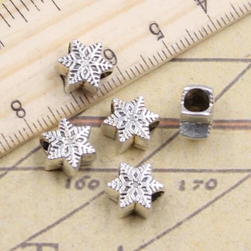 20pcs Beads Snow Snowflake 4.5mm Big Hole Vintage Charms European Pendant Fit For Bracelet DIY Antique Silver Color Fit Making