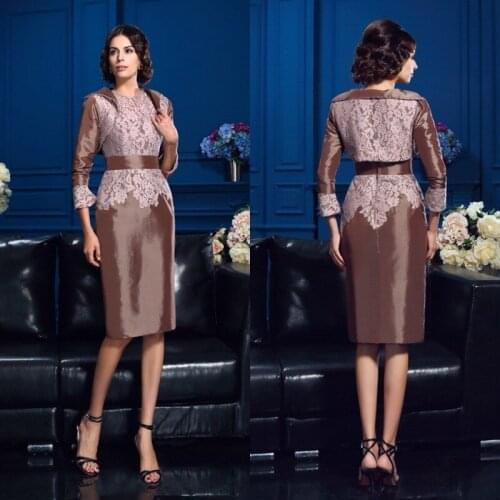 2019 Mother of the Bride Dresses with Jacket Long Sleeves Satin Evening Gowns Prom Wear Knee-Length Formal Wedding Guest Dress