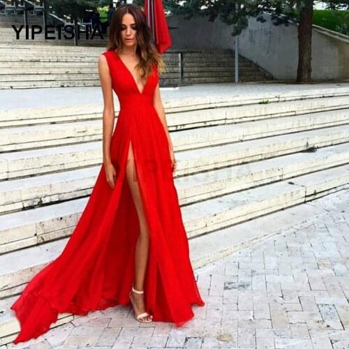 2021 Red Simple Sexy Deep V-Neck Evening Dress Sleeveless Front High Split Floor Length Prom Party Gown robe de soirée