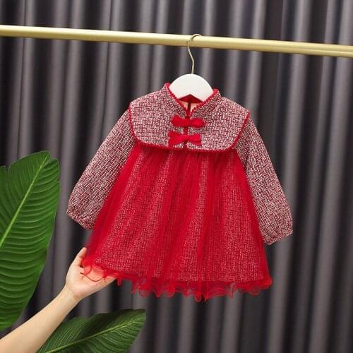 2021 Winter Red Thicken Children Clothes Baby Girls Patchwork New Years Dress Kids Bow Cotton cloth Dress Girls Outwear MB31