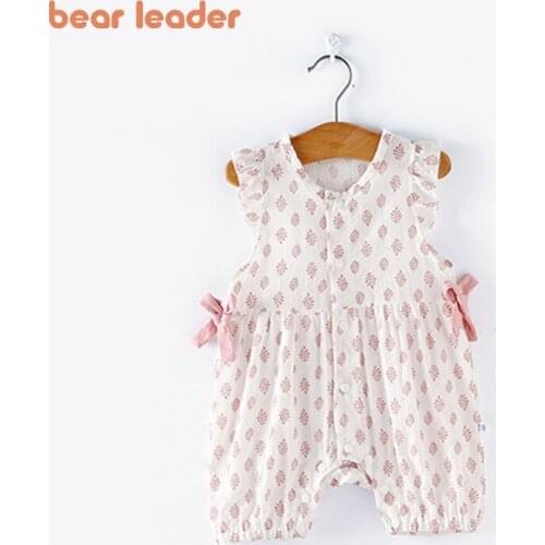 Bear Leader Summer Clothes For Baby Bowtie Floral Print Rompers Infant Girls Boys Bodysuits Toddler Sleeveless One-Pieces 0-2Y