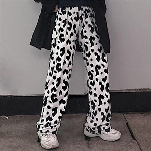 Loose Straight Cute Cow Black Dot Leopard Print Elastic High Waist Pant Woman Man Korean Fall Thin Cotton Sweatpant Harajuku