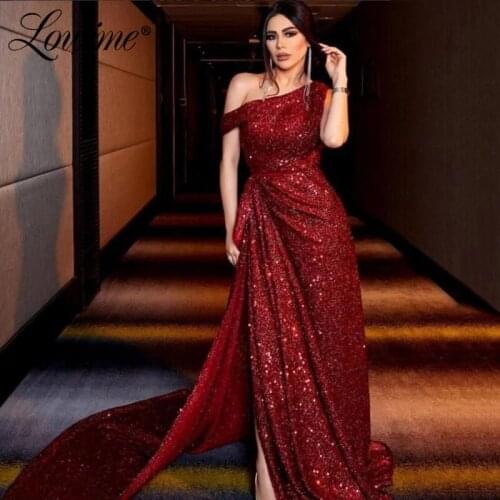 Burgundy Long Evening Dresses Sequins Arabic Kaftan Dubai Mermaid Party Dress For Weddings 2021 African Prom Dress Vestidos