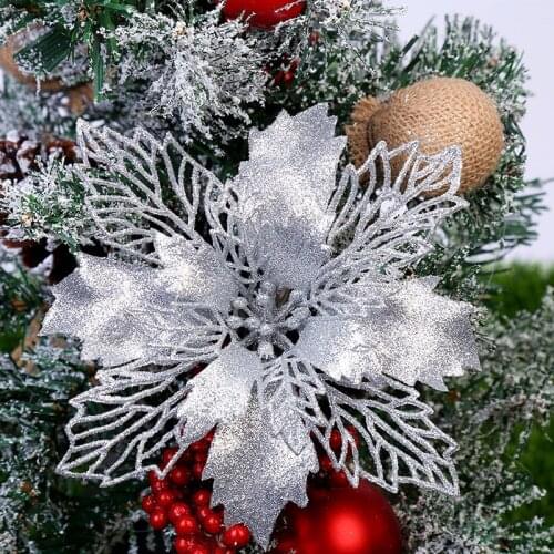 5Pcs Artificial Christmas Flowers Glitter Fake Flower Decorations for Home 2022 Gift Xmas Ornament Christmas Tree Hanging Decor