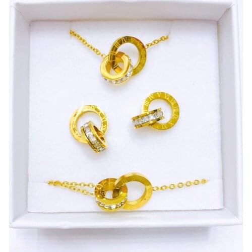 316L Stainless Steel Roman Inlaid Crystal Lucky Necklace Earrings Bracelet Set Double Ring Inlaid Zircon Jewelry Set