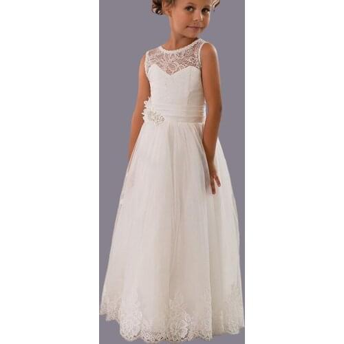 White/Ivory Lace A Line Flower Girls Dresses For Weddings Party Sleeveless Jewel Junior Bridesmaid Dress First Communion Dresses