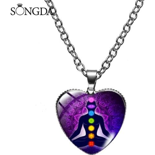 Newest Seven Chakra Necklace Yoga Meditation Regulation Balance Colorful Indian Chakra Glass Pendant Necklace Men Women Jewelry