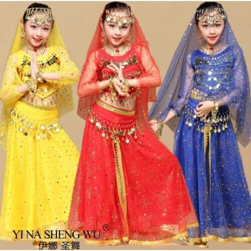 New Kids Bollywood Belly Dance Costumes Set Girl Belly Dance Oriental Dance Long Sleeve Child&Adult Stage Performance Costumes