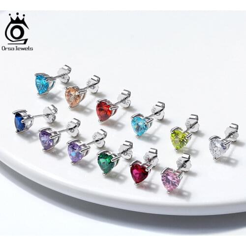 ORSA JEWELS 925 Sterling Silver Birthstone Stud Earrings for Women Sparkling Heart Cut CZ Small Earrings Birthday Gift APE32
