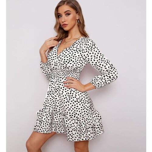 Autumn Polka Dot Print Mini Dresses Women 2021 Casual Sexy Deep V-neck Long Sleeve White Ruffles Dress Fashion Woman Party Dress