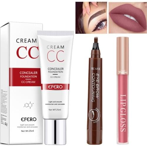 7-2Pcs Face Foundation Concealer BB CC Cream Brightening Whitening Foundation Concealer Base Primer with Eyebrow Pen Lipsticks