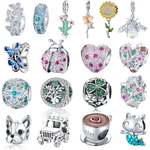 WOSTU Authentic 925 Sterling Silver Spring Flowers Ladybug Bead Charm Pendant Fit Original Bracelet Women DIY Fine Jewelry Gift