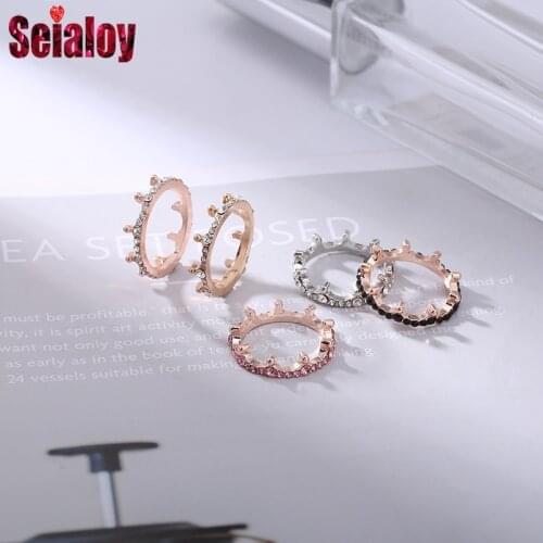 Seialoy Simple Crystal Crown Rings For Women Girls Friendship Rose Gold Stackable Ring Fit Couple Party Engagement Jewelry