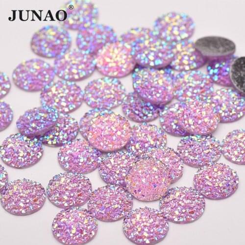 JUNAO 50pcs 12mm Bling Light Purple AB Flat Back Resin Rhinestone Diamond Round Crystal Stone Decorative Strass for DIY Jewelry