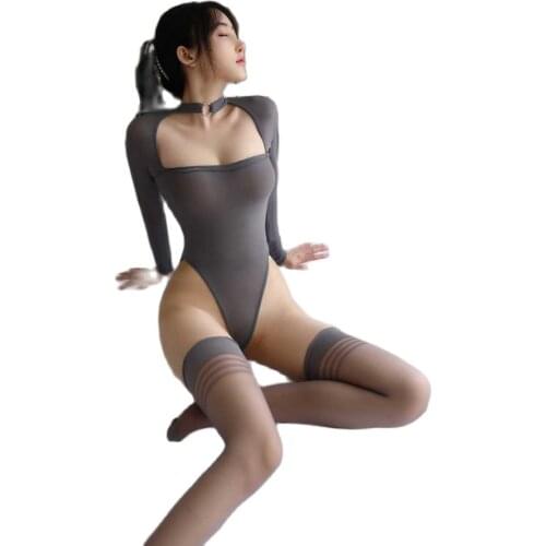 Ice Silk Hollow Out High Cut Thong Long Sleeve Bodysuit See Through Swimsuit Japanese Sukumizu Hot Sexy Lingerie Bodystocking