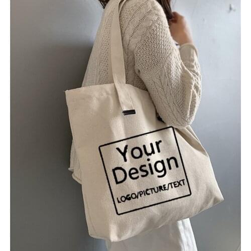 Canvas Bag Custom Logo Tote Bag Shopping Add Your Text Letter Picture Print Design White Unisex Travel Handbag Shoulder Bags