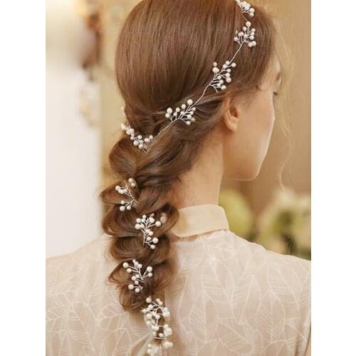 Bridal Silver Pearls Long Hair Vine Headband Wedding Silver Hair Jewelry Hair piece Prom and Party Crystals Hair Accessories