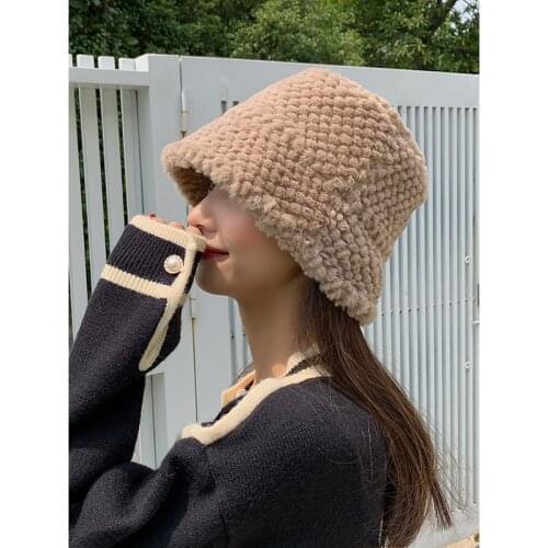 Womens Felt Hat Faux Fur Winter Bucket Hat For Women Girl Solid Thickened Soft Warm Fishing Cap Foldable Cap Lady