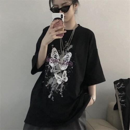Womens Short-Sleeved T-shirt Summer 2021 New Ins Retro Butterfly Print BF Loose Student Top Fashion