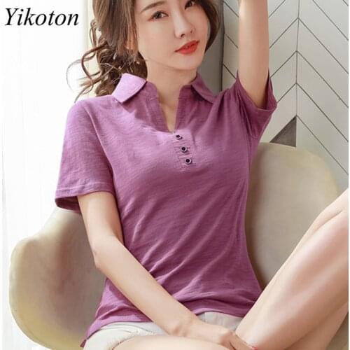 Women Summer Sexy Top Buttons Cotton T-Shirt for Women Short Sleeve Loose Polo Shirts Womans Bottoming Shirt Fit Female Slim