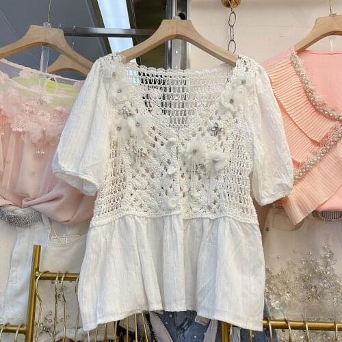 Summer Top Women New Exquisite Rhinestone Sweet Flowers Tassel Embroidery Patchwork Chiffon Shirt Puff Sleeve Blusas Femme