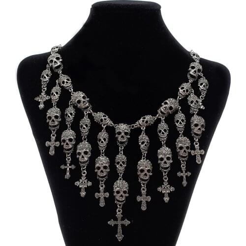 YaYi Jewelry Fashion Skeleton Skull Cross Crystal Department Statement Women Choker All Saints' Day Gift Necklaces Pendants