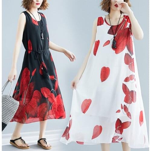 Printing Elegant Vestidos Sleeveless Chiffon Look Thin Slim Robe Maxi Dress 2021 Women High Waist Casual Loose Beach Dresses