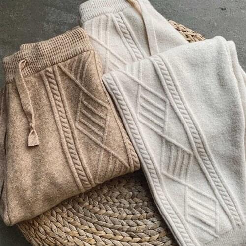 Winter Warm Knitted pants Womens Casual High waist Thick Chic Harem Ankle-Length pants Korean Loose Sweater Trousers 2021 New