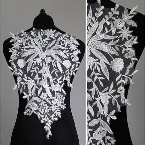 1Pc Clear Sequins White Embroidery Lace Flower Applique Lace diy Wedding Dress Costume Accessories Material Lace Cloth 49X31cm