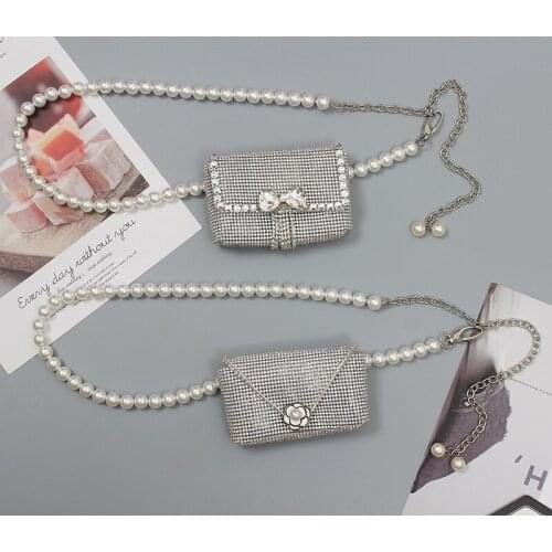 2021 Bling Women Mini Waist Packs Silver Full Rhinestone PVC Fanny Packs Women Pearl Chain Waist Belt WIth Coin Bag Chest Bag