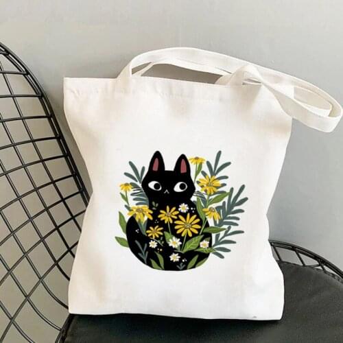 2021 Shopper Black cat with flowers Printed Tote Bag women Harajuku shopper handbag girl Shoulder shopping bag Lady Canvas Bag
