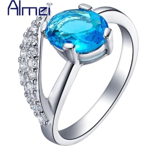 Almei Wedding Blue Jewelry Wedding Rings Sliver Color Bague Femme Red Stone Fianit Ring For Women Anillos Dropshipping J279