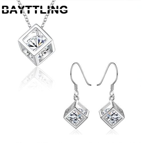 BAYTTLING 925 Sterling Silver 2 Piece Square Zircon Pendant Necklace Earrings Fashion Jewelry For Woman Wedding Sets Gift