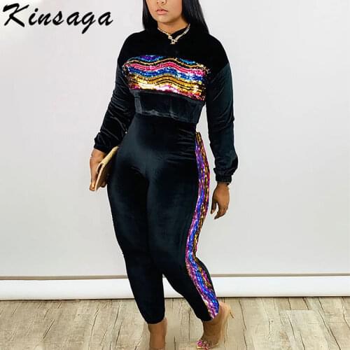 Black Sequin Velour Tracksuits Rainbow Stripe Jogger Suits Women Hooded Cropped Tops Pants 2 Piece Set Patchwork Velvet Outfits