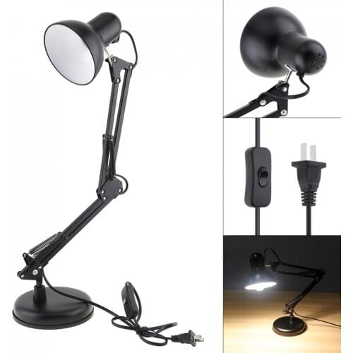 Black Flexible Swing Arm Clamp Mount Desk Lamp with Base and Key Switch Support Bulb for Office / Home
