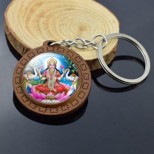 Lakshmi Wooden Keychain Buddha Keyrings Bodhisattva God Art Religious Jewelry Ganesh Key Chain Glass Wood Pendant Amulet Gift
